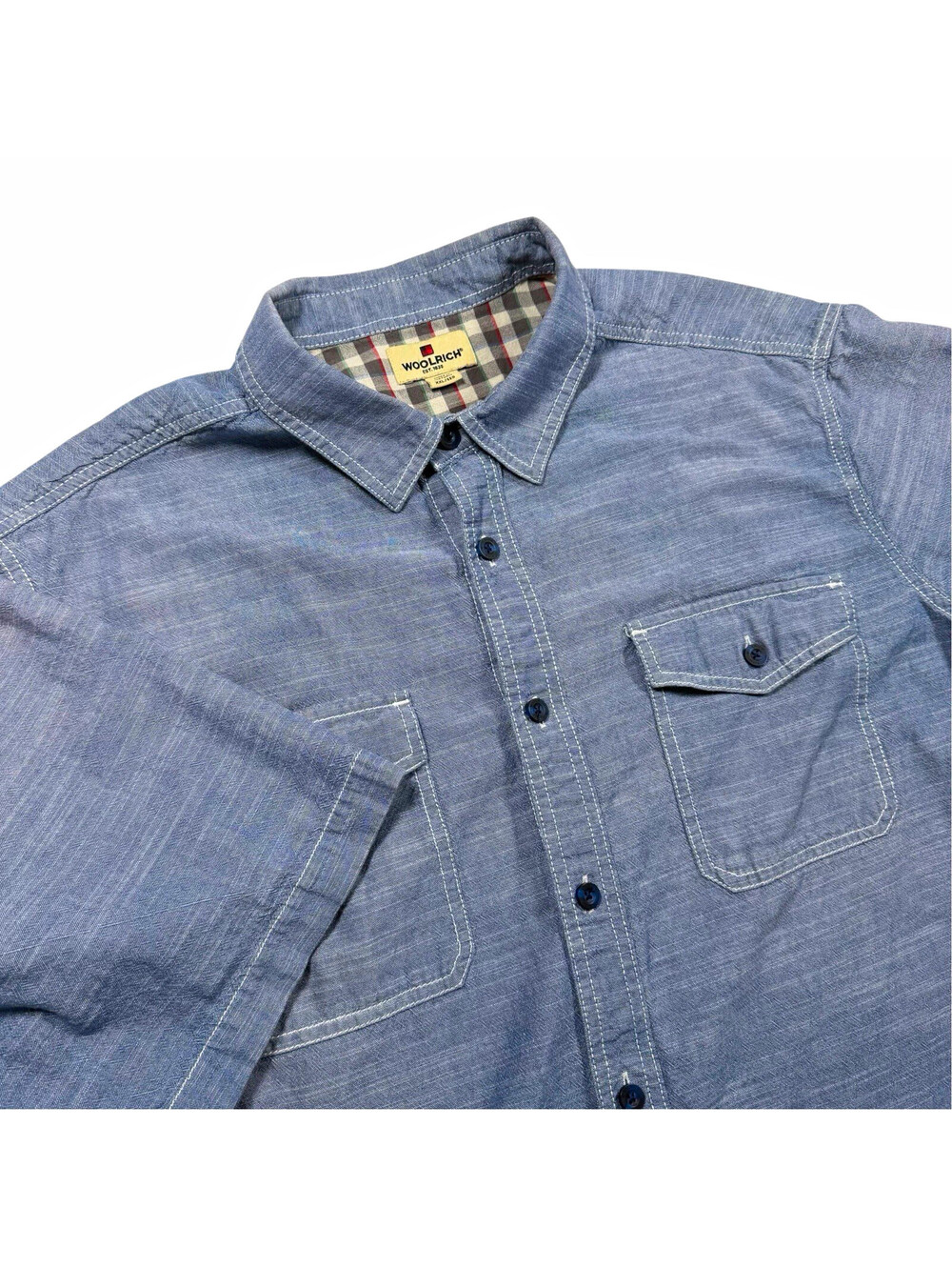 Woolrich Men’s 2XL Blue Short Sleeve Solid Cotton Woven Button-Up Pockets